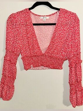 Red Floral Smocked V-Neck Crop Top
